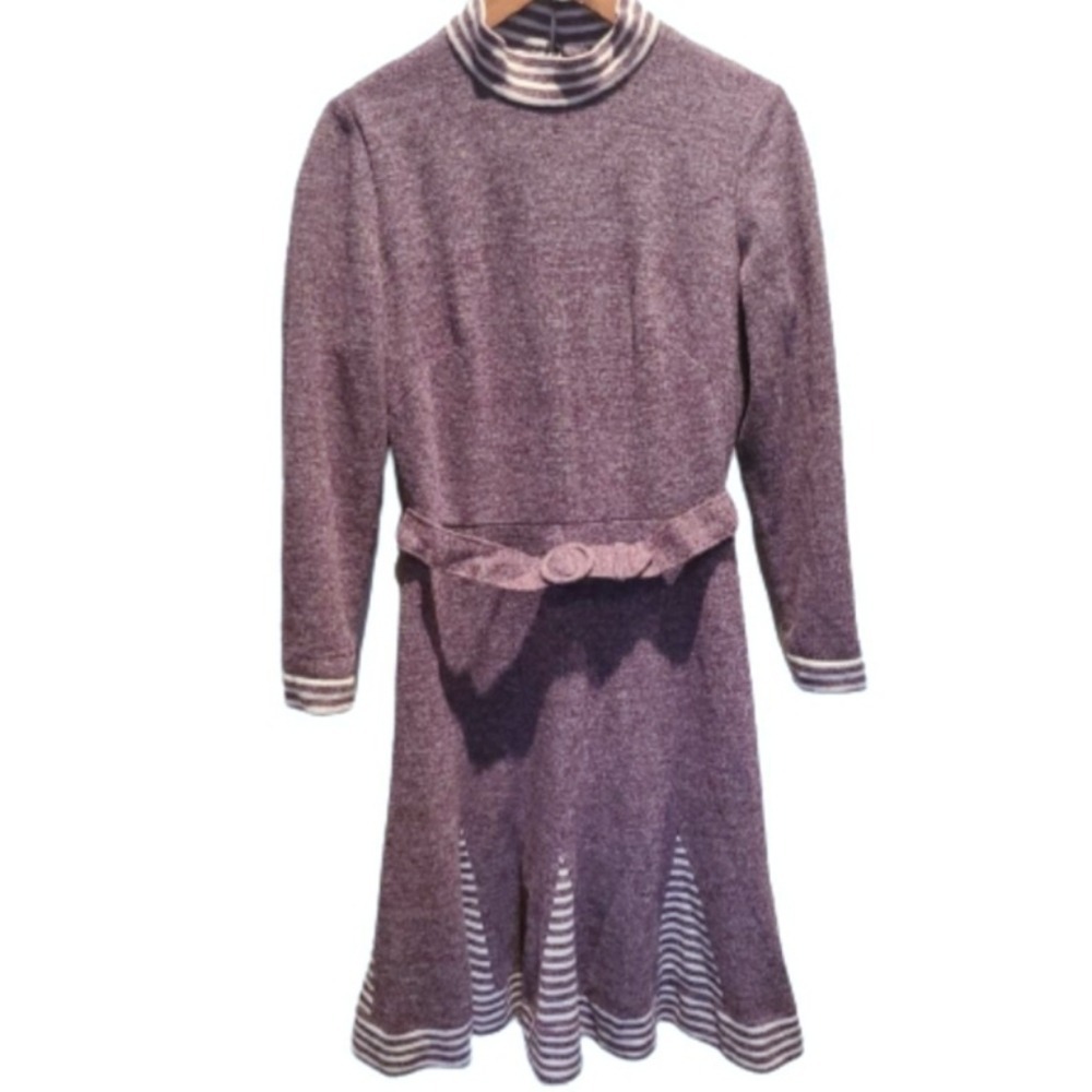Vintage Purple Belted Long Sleeve Mockneck Fit & Flare Dress UK 14 Fits Small